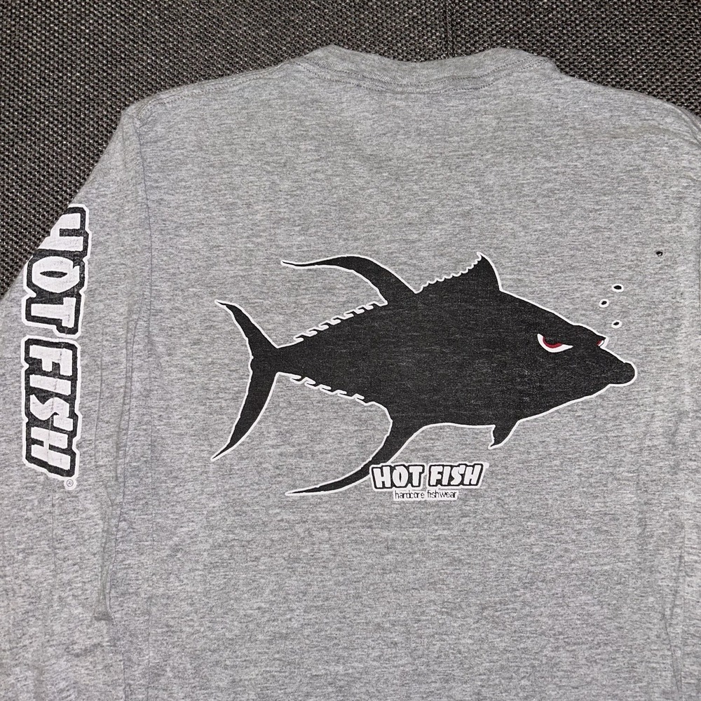 Vintage Hot Fish Tuna Gray Long Sleeve T Shirt Mens Small Fishing Tee